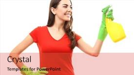  Presentation with app for create detergent powder add - Amazing slide set having kitchen bath products - young woman holding detergent spray backdrop and a  colored foreground