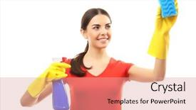  Presentation with app for create detergent powder add - PPT layouts featuring kitchen bath products - young woman holding sponge background and a  colored foreground