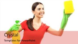  Presentation with app for create detergent powder add - Cool new presentation design with kitchen bath products - young woman holding sponge backdrop and a  colored foreground