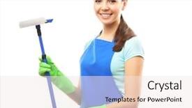  Presentation with brush - PPT theme with kitchen bath products - young woman holding window brush background and a  colored foreground