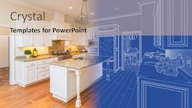  Presentation with build - Presentation design featuring kitchen-blueprint-drawing-gradating background and a soft green colored foreground