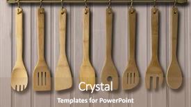  Presentation with copper - PPT layouts with kitchen brass utensils chef accessories hanging copper kitchen with white tiles wall background and a coral colored foreground