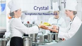  Presentation with catering - Audience pleasing PPT theme consisting of kitchen brigade in catering kitchen backdrop and a sky blue colored foreground