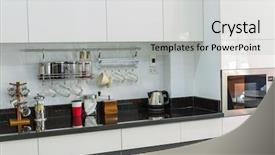  Presentation with living room - PPT theme consisting of kitchen cabinets with coffee corner background and a light gray colored foreground