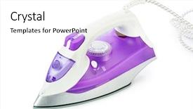  Presentation with modern electric iron isolated - Colorful slides enhanced with kitchen cloth washing utensils - flat iron isolated on white backdrop and a  colored foreground