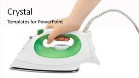  Presentation with iron - PPT theme consisting of kitchen cloth washing utensils - hand and flat iron isolated background and a  colored foreground