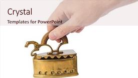  Presentation with flat - Amazing slide deck having kitchen cloth washing utensils - hand with retro flat iron backdrop and a  colored foreground