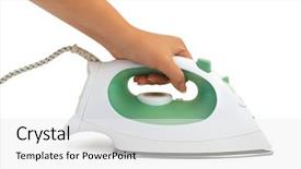  Presentation with modern electric iron isolated - Cool new presentation theme with kitchen cloth washing utensils - woman hand and flat iron backdrop and a white colored foreground