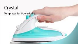  Presentation with modern electric iron isolated - Presentation featuring kitchen cloth washing utensils - women hand and iron isolated background and a  colored foreground