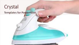  Presentation with iron - Beautiful theme featuring kitchen cloth washing utensils - women hand and iron isolated backdrop and a  colored foreground