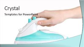  Presentation with modern electric iron isolated - Audience pleasing slides consisting of kitchen cloth washing utensils - women hand and iron isolated backdrop and a  colored foreground