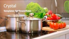  Presentation with cooking utensils - PPT theme with kitchen cooking closeup diet background and a coral colored foreground