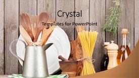  Presentation with cooking utensils - Audience pleasing PPT layouts consisting of kitchen cooking utensils and spices on shelf against rustic wooden wall backdrop and a coral colored foreground