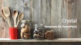  Presentation with cooking utensils - Beautiful theme featuring kitchen cooking utensils in ceramic backdrop and a gray colored foreground