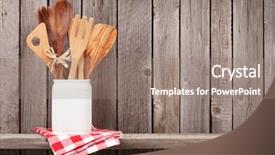  Presentation with cooking utensils - Colorful PPT layouts enhanced with kitchen cooking utensils on shelf backdrop and a coral colored foreground