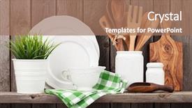  Presentation with cooking utensils - Theme having kitchen cooking utensils on shelf background and a coral colored foreground