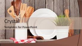  Presentation with cooking utensils - PPT theme consisting of kitchen cooking utensils on shelf background and a soft green colored foreground