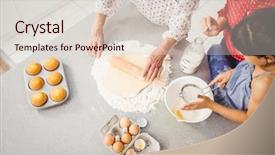  Presentation with low angle view of fictitious - Presentation design consisting of kitchen counter - high angle view of girl background and a  colored foreground