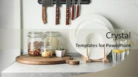 Presentation with knives - Theme having kitchen counter with glass jars background and a light gray colored foreground