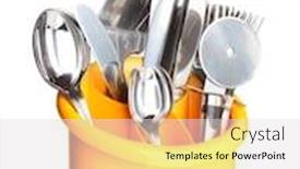 Presentation with knives - Presentation theme having kitchen cutlery knives forks and spoons in yellow stand isolated on white background and a light gray colored foreground