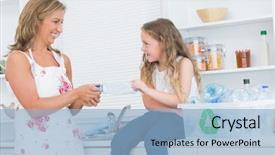  Presentation with plastics - Colorful slides enhanced with kitchen eco - smiling mother sorting plastics waste backdrop and a light blue colored foreground