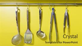  Presentation with cooking utensils - Beautiful PPT theme featuring cooking utensils on the hanger backdrop and a yellow colored foreground