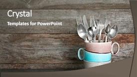  Presentation with cutlery - Audience pleasing slide set consisting of kitchen implements - set of metal cutlery backdrop and a  colored foreground