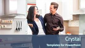  Presentation with kitchen furniture - PPT theme featuring kitchen in studio or furniture background and a ocean colored foreground