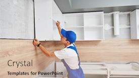  Presentation with kitchen furniture - PPT theme enhanced with kitchen installation worker assembling furniture background and a soft green colored foreground