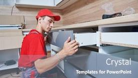  Presentation with kitchen furniture - Presentation design consisting of kitchen installation worker assembling furniture background and a seafoam green colored foreground