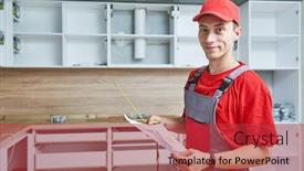  Presentation with kitchen furniture - Beautiful presentation featuring kitchen-installation-worker-assembling-furniture backdrop and a red colored foreground