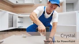  Presentation with kitchen furniture - Amazing presentation theme having kitchen-installation-worker-assembling-furniture backdrop and a mint green colored foreground