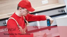  Presentation with kitchen furniture - Colorful slides enhanced with kitchen-installation-worker-assembling-furniture backdrop and a red colored foreground