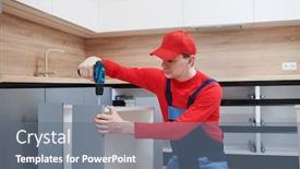  Presentation with kitchen furniture - Presentation having kitchen-installation-worker-assembling-furniture background and a ocean colored foreground
