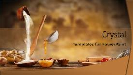  Presentation with food preparation - Beautiful slide deck featuring kitchen layouts - dough preparation baking ingredients placed backdrop and a gold colored foreground