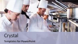  Presentation with restaurant kitchen - Audience pleasing presentation theme consisting of kitchen of a restaurant backdrop and a light blue colored foreground