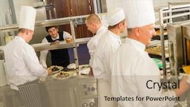  Presentation with restaurant kitchen - PPT layouts having kitchen prepare meals restaurant service background and a coral colored foreground