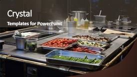  Presentation with food service - Presentation design featuring kitchen restaurant with delicious food background and a dark gray colored foreground