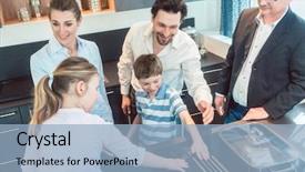  Presentation with service is sales - Colorful presentation theme enhanced with kitchen sales with a family backdrop and a light blue colored foreground