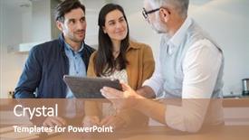  Presentation with ideas - Beautiful PPT theme featuring kitchen salesman going through ideas backdrop and a coral colored foreground