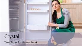 Presentation with hygiene - Cool new slide deck with kitchen sanitation - young woman cleaning fridge backdrop and a light blue colored foreground