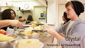  Presentation with homeless - Presentation design consisting of kitchen serving food in homeless background and a coral colored foreground