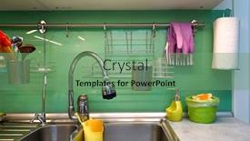  Presentation with kitchen - Colorful PPT layouts enhanced with kitchen-sink-with-faucet-workspace backdrop and a seafoam green colored foreground