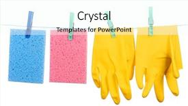  Presentation with sponges - PPT theme enhanced with kitchen sponges and rubber gloves hanging on rope isolated on white background and a cool aqua colored foreground