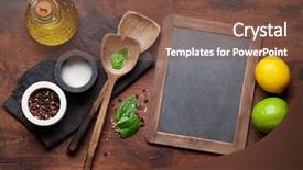  Presentation with cooking utensils - Colorful presentation theme enhanced with kitchen table food cooking template backdrop and a tawny brown colored foreground