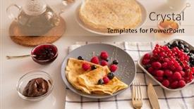  Presentation with spread - PPT theme with kitchen-table-served-for-breakfast background and a coral colored foreground