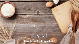  Presentation with kitchen utensils - Beautiful presentation theme featuring kitchen table with cookbook utensils and ingredients top view with copy space backdrop and a coral colored foreground