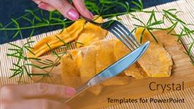  Presentation with mango - Slide deck having kitchen-table-with-dried-mango background and a gold colored foreground