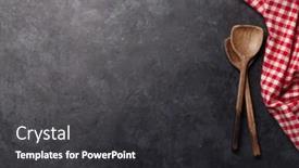  Presentation with kitchen utensils - Colorful theme enhanced with kitchen-table-with-utensils-tablecloth backdrop and a dark gray colored foreground