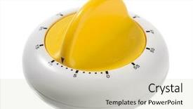  Presentation with timer - Cool new slide deck with kitchen timer isolated on white backdrop and a soft green colored foreground